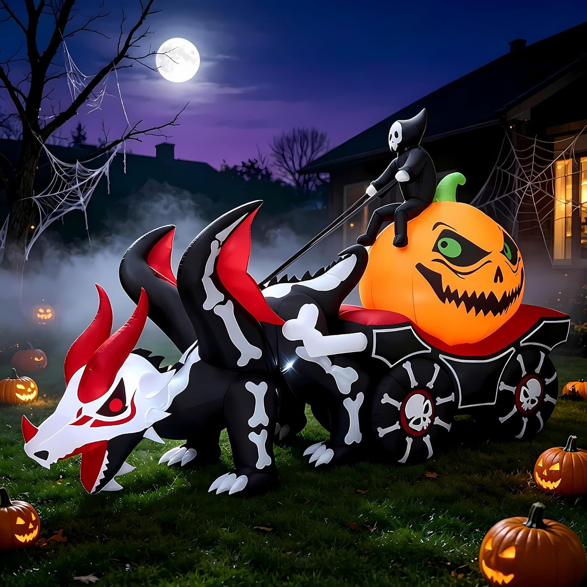 9 ft Inflatable Pumpkin Carriage with Skeleton Driver, Halloween outdoor decoration