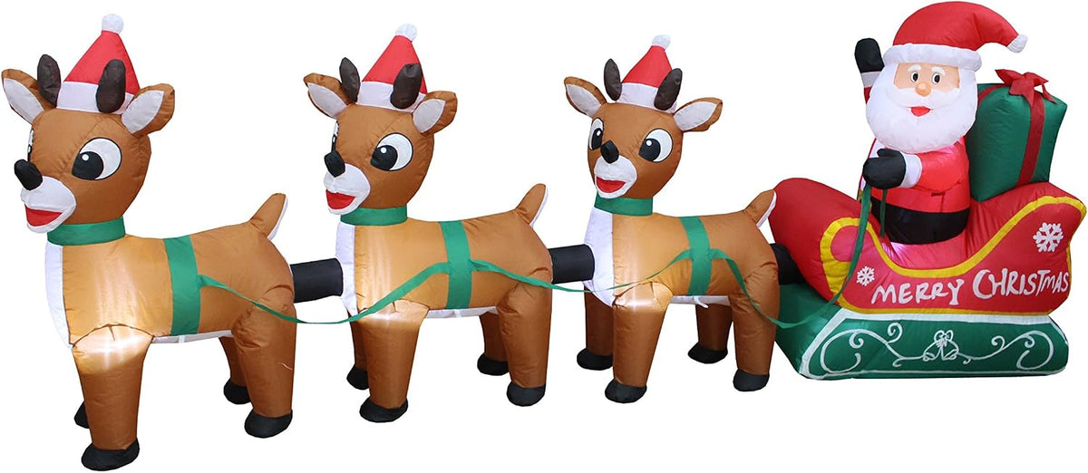 8 ft Lighted Inflatable Santa Sleigh and Three Reindeer, Christmas outdoor decoration